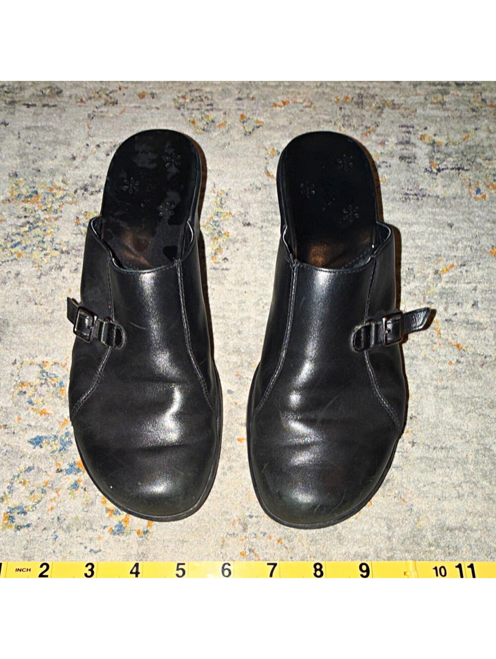 Clarks Black Leather Slip-On Mule Wedge Heels Buckle Round Toe Women's 8 M